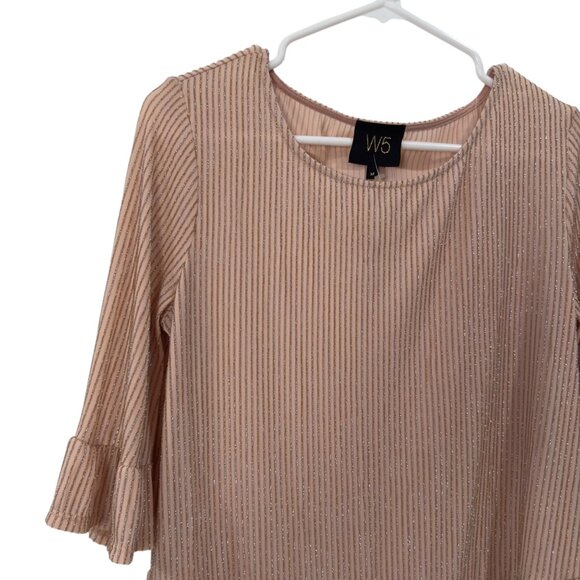 W5 Womens Ruffle Sleeve Rose Gold Metallic Striped Top Blouse SZ M Stretch - Picture 9 of 10